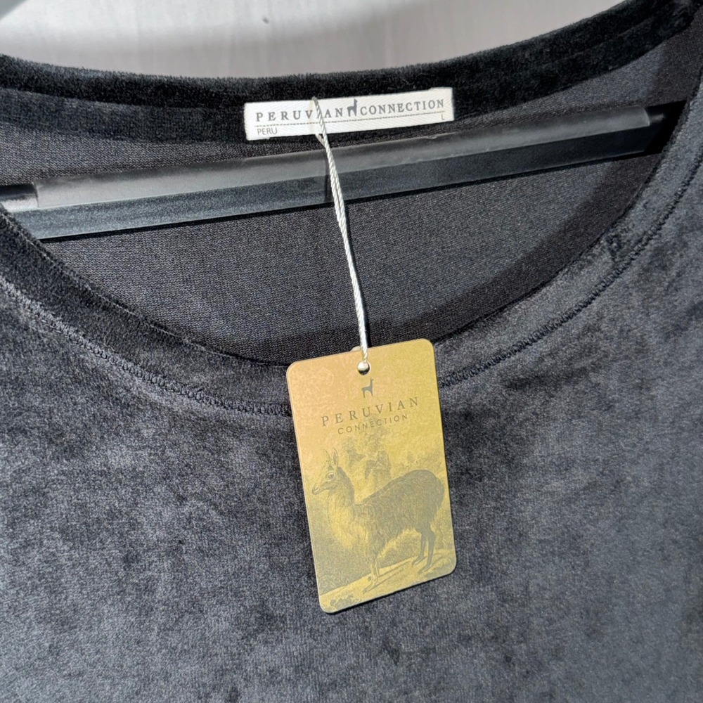 Peruvian Connection Velour Orla Dress Black Cotton Modal Shift L NEW With Tags - Picture 2 of 6